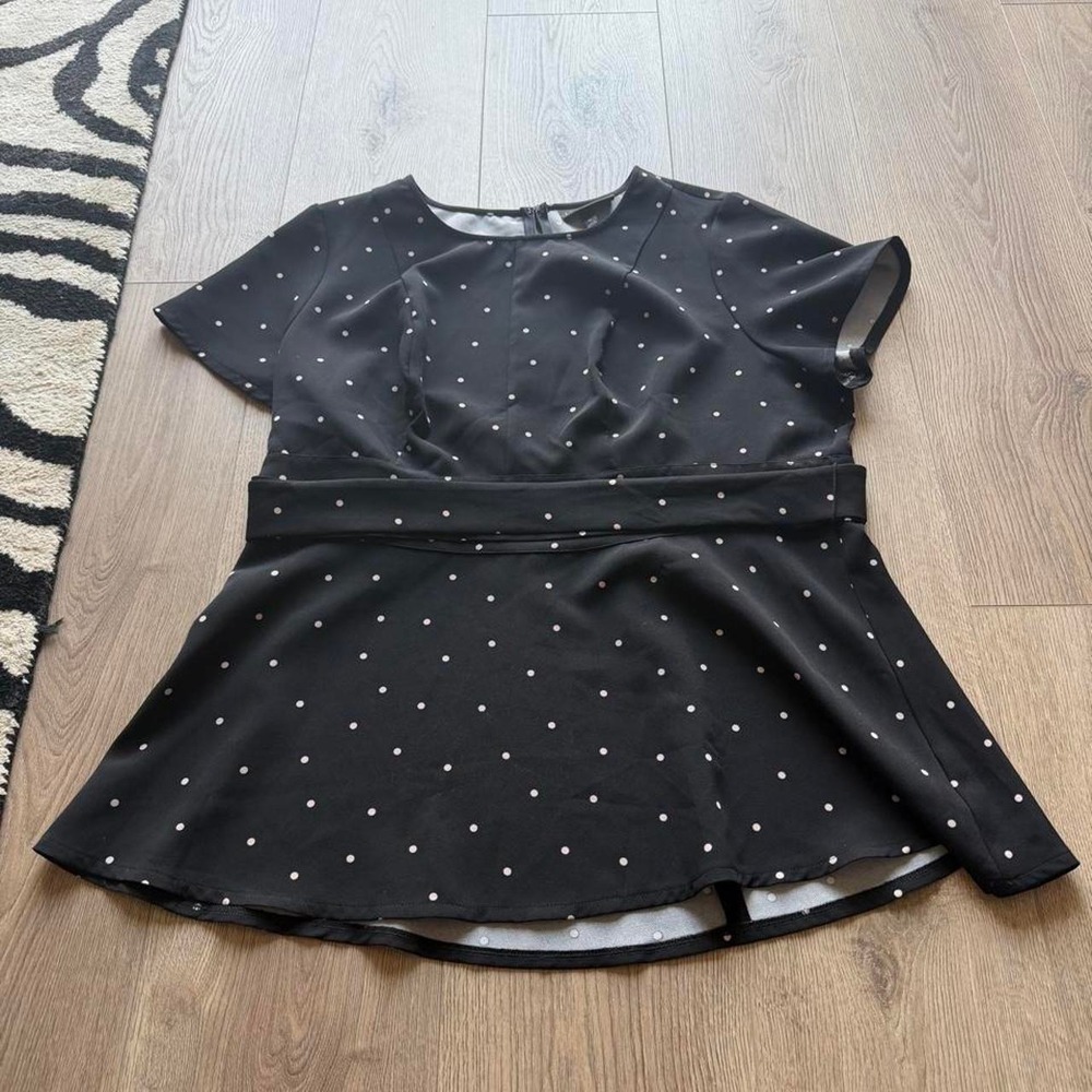 Black Polka Dot Peplum Blouse | Short‎ Sleeve Dressy Top